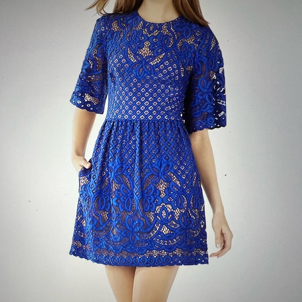 BCBGMAXAZRIA JILLYAN ROYAL BLUE LACE MINI DRESS W/POCKETS, LINED, BACK ZIP NWOT